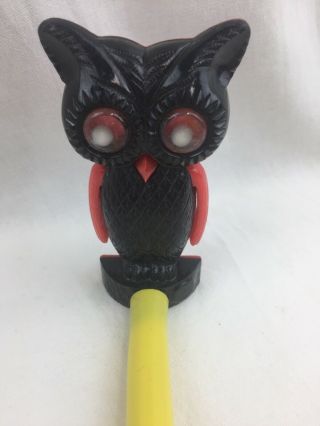 Vintage Black Red Owl Hard Plastic Toy Whistle Eyes Spin Wings Flap Halloween