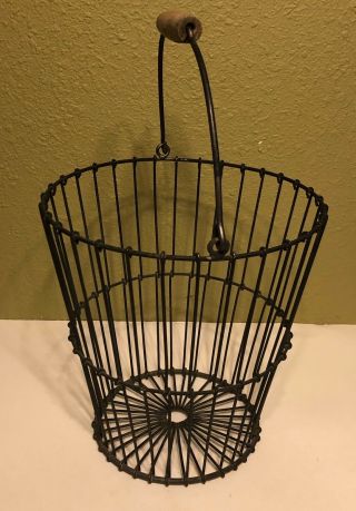 Vintage Large Heavy Metal Wire Basket With Wooden Handle 5
