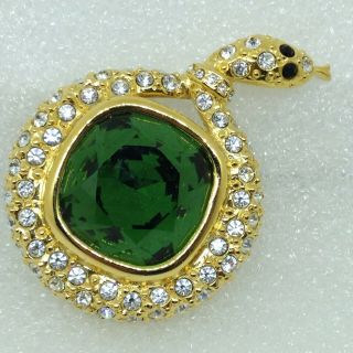 Signed Joan Rivers Vintage Asp Snake Brooch Pin Green Square Pave Rhinestone