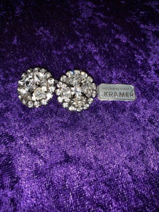 Vintage Kramer Silver Tone Rhinestone Clip - On Earrings Signed And Tag