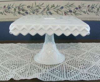 Vintage White Milk Glass Square Pedestal Cake Plate Stand Diamond Edge Wedding