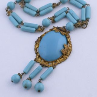 Vtg Art Deco Signed Czech Turquoise Glass Dangle Pendant Necklace