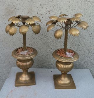 2 Brass Palm Frond Tree French Topiary Candle Holder Candlestick Vintage
