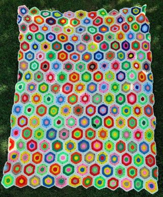 Vintage Colorful Hexagon Pattern Granny Square Crochet Afghan Throw Blanket