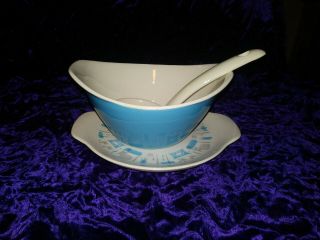 Blue Heaven Royal China Gravy Boat Bowl With Underplate & Ladle Vintage Atomic