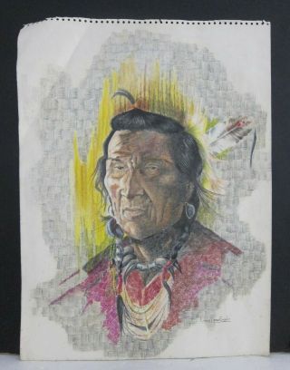 Lewis Crow Eagle Signed Vtg 70s Native American Portrait Drawing 15x20