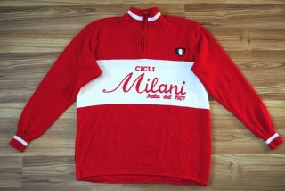 Cicli Milani Italia Dal 1927 Wool Long Sleeve Cycling Jersey Red Vintage 70s - 80s