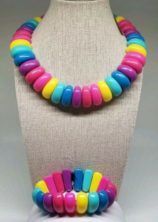 Vintage Multicolor Bright Lucite Plastic Chunky Necklace Bracelet Set - Nwt