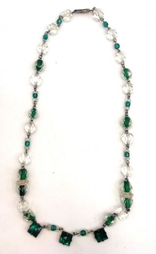 Art Deco Emerald Green Crystal Necklace Vintage Silver Tone