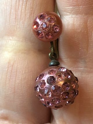 Vtg 1940’s Art Deco Rose Pink Rhinestone Glass Dangle Ball Screw Back Earrings