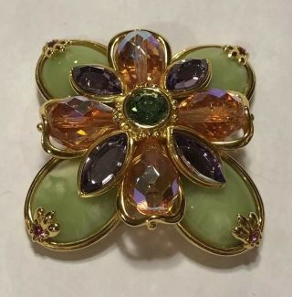 Vintage Gold Rhinestone & Jade Joan Rivers Brooch Jewelry Pin 2 3/4 " Art Deco