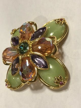 Vintage Gold Rhinestone & Jade Joan Rivers Brooch Jewelry Pin 2 3/4 