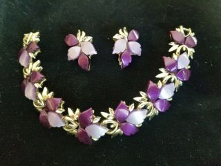 Vintage Purple Thermoset Leaf Link Bracelet & Earrings Set