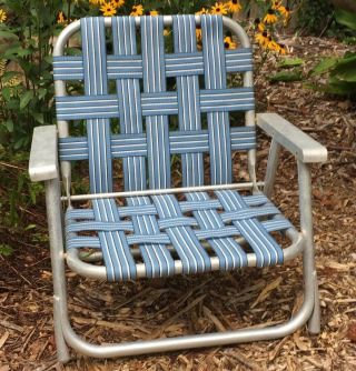 Vintage Aluminum Webbed Folding Lawn Chair • Blue White Webbing • Beach Camping