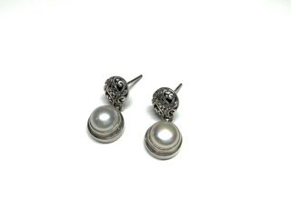 A Vintage Sterling Silver Mabe Pearl Swing Dangle Earrings Signed Om