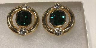 Givenchy Vintage Pierced Earrings Emerald Green Clear Crystal Gold Tone