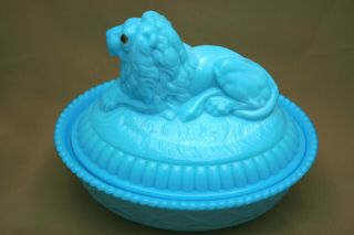 Vintage Milk Glass Westmoreland Turquoise Blue Lion Candy Dish 7 " X 6 " Gorgeous