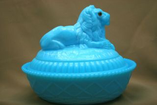 Vintage Milk Glass Westmoreland Turquoise Blue Lion Candy Dish 7 