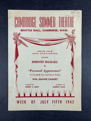 Vintage 1943 Personal Appearance Dorothy Mackaill Jeanne Cagney Playbill