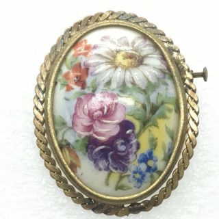 Limoges France Vintage Flower Cameo Brooch Pin Porcelain Trombone Floral Jewelry