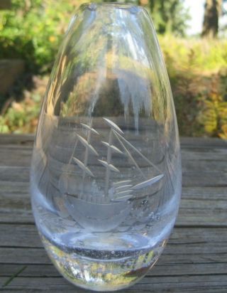 Vtg Crystal Glass Vase Etched Boat Ship Sweden? Controlled Bubble Heavy Unsigned