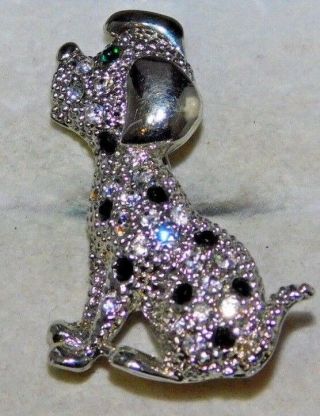 Vintage Silver Tone Dalmatian Dog Black Green Rhinestone Brooch Pin 11l 46