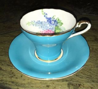 Vintage Aynsley Teal Floral Porcelain Tea Cup With Saucer