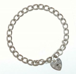 7.  5 " Vintage English Sterling Silver 925 Padlock Charm Bracelet Heart Clasp 14g