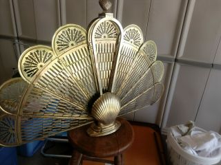 VTG Brass Clam Shell Folding Peacock Fireplace Screen Fan Art Deco Mid Century 2