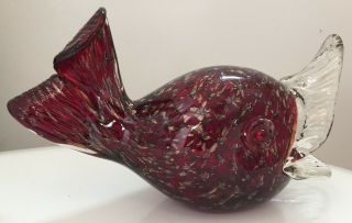 Vintage Ruby Red Controlled Bubbles Murano Glass Fish Gold Flecks Large Mouth