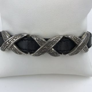 Vintage Brighton Black Leather Silver Criss Cross Buckle Bracelet 07903