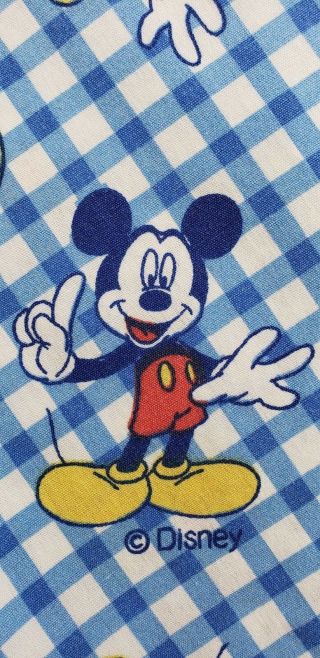 Vintage Disney Mickey Mouse Twin Flat Sheet Fabric Craft Gingham Blue Exc Cond