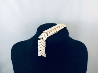 Vtg.  Crown Trifari White Carved Lucite Chevrons Link Bracelet