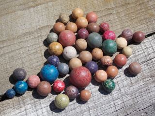 44 Vintage Hand Made Colorful Clay Marbles 3/8 " To 29/32 " M To M -