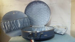 Vtg Blue American Tourister Tiara 20 " Round Hard Suitcase Luggage W/make Up Bag