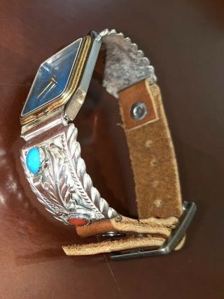 Vintage Native American Sterling Squash Blossom Coral And Turquoise Watch Tips