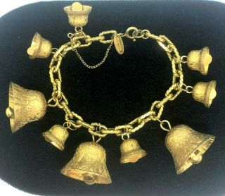 Vintage Signed Miriam Haskell Gold Tone Bells Charm Bracelet