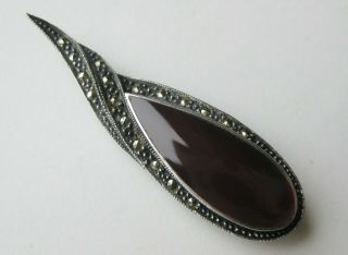Fine Vintage Sterling Silver Red Carnelian Art Deco Marcasite Brooch Pin