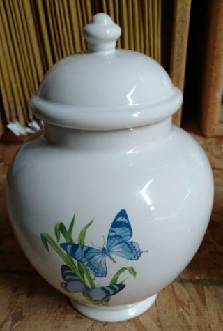 Vintage Ftd Ceramic Jar/ Vase W/ Lid - Glazed With Blue Butterfly Decal