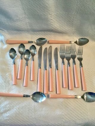 Vintage Mid Century Peach Pink Color Handle Stainless Flatware 16 Pc.