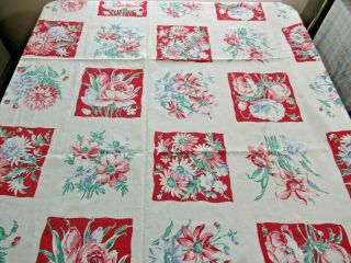 Vintage 1950s Floral Roses Cotton Square Tablecloth 48 "