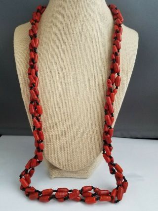 Vintage 26 Inch Hand Blown Glass Red And Black Beaded Necklace