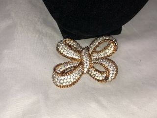 Vtg.  Clear Pave Rhinestone & Textured Gold Tone Tied Bow Brooch