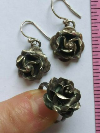 Truly Vintage Sterling Rose Ring & Earring Set,  1980 ' s,  Taxco,  Mexico, 2