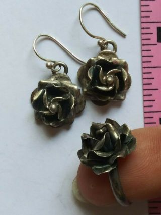 Truly Vintage Sterling Rose Ring & Earring Set,  1980 ' s,  Taxco,  Mexico, 3