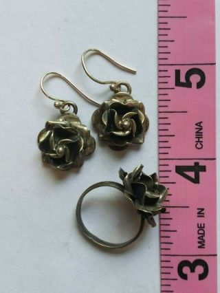 Truly Vintage Sterling Rose Ring & Earring Set,  1980 ' s,  Taxco,  Mexico, 4