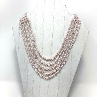 Vintage Faux Pink Pearl Bead Multi Strand Woven Pearl Necklace 5 Strands