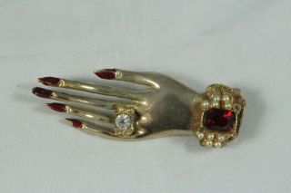 Vintage Coro Gold - Tone Hand Brooch Clear And Red Rhinestones