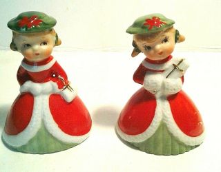 Vintage Napco Ceramic Christmas Shopper Girls Figurine Bells.  With Gift & Purse