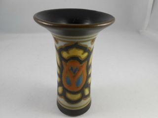 Vintage Small Gouda Vase Holland Matte Black With Tulip Motif Marked And Signed